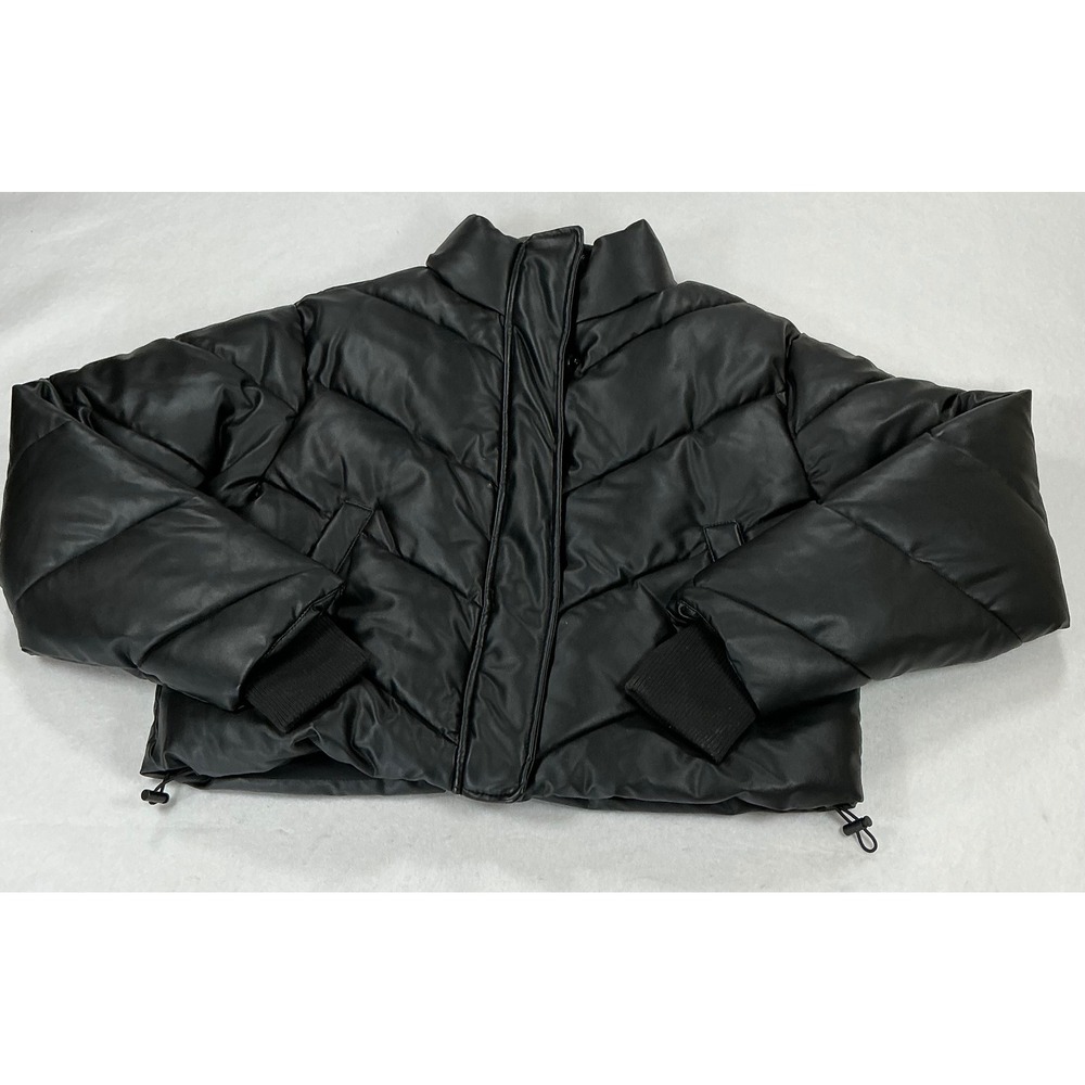 IVL Collective Faux Vegan Leather Puffer Jacket Black Chevron Quilted Small